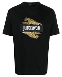 T-shirt à col rond imprimé léopard noir Just Cavalli