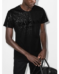 T-shirt à col rond imprimé léopard noir Balmain