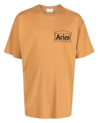 T-shirt à col rond imprimé marron clair Aries