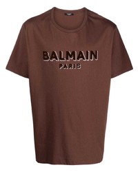 T-shirt à col rond imprimé marron Balmain