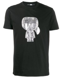T-shirt à col rond imprimé noir et argenté