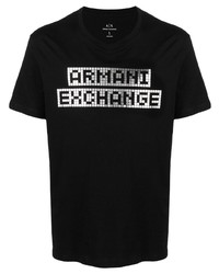 T-shirt à col rond imprimé noir et argenté Armani Exchange