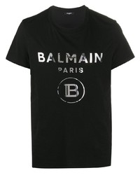 T-shirt à col rond imprimé noir et argenté Balmain