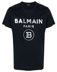 T-shirt à col rond imprimé noir et argenté Balmain