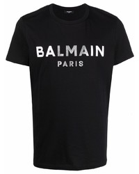 T-shirt à col rond imprimé noir et argenté Balmain