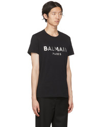 T-shirt à col rond imprimé noir et argenté Balmain