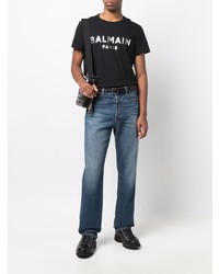 T-shirt à col rond imprimé noir et argenté Balmain