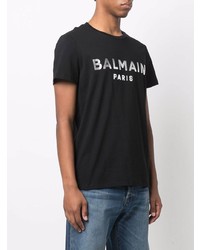 T-shirt à col rond imprimé noir et argenté Balmain