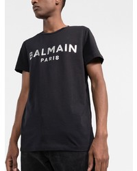 T-shirt à col rond imprimé noir et argenté Balmain