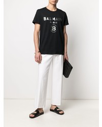 T-shirt à col rond imprimé noir et argenté Balmain