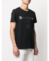 T-shirt à col rond imprimé noir et argenté Balmain