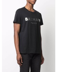 T-shirt à col rond imprimé noir et argenté Balmain