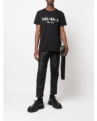 T-shirt à col rond imprimé noir et argenté Balmain