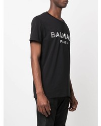 T-shirt à col rond imprimé noir et argenté Balmain