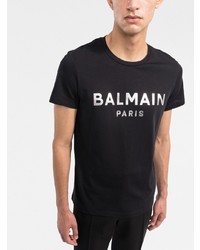 T-shirt à col rond imprimé noir et argenté Balmain