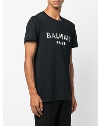 T-shirt à col rond imprimé noir et argenté Balmain