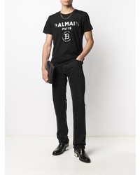 T-shirt à col rond imprimé noir et argenté Balmain