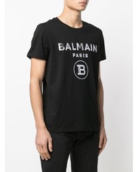 T-shirt à col rond imprimé noir et argenté Balmain