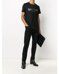 T-shirt à col rond imprimé noir et argenté Balmain