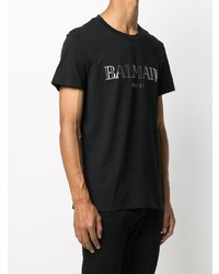 T-shirt à col rond imprimé noir et argenté Balmain