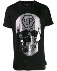 T-shirt à col rond imprimé noir et argenté Philipp Plein