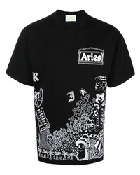 T-shirt à col rond imprimé noir et blanc Aries