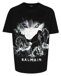 T-shirt à col rond imprimé noir et blanc Balmain