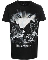 T-shirt à col rond imprimé noir et blanc Balmain