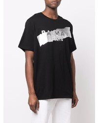 T-shirt à col rond imprimé noir et blanc Balmain