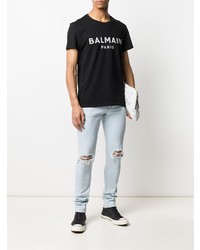 T-shirt à col rond imprimé noir et blanc Balmain