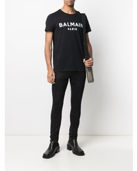 T-shirt à col rond imprimé noir et blanc Balmain