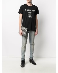 T-shirt à col rond imprimé noir et blanc Balmain