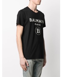 T-shirt à col rond imprimé noir et blanc Balmain