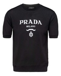 T-shirt à col rond imprimé noir et blanc Prada