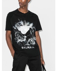 T-shirt à col rond imprimé noir et blanc Balmain