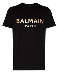 T-shirt à col rond imprimé noir et doré Balmain
