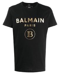 T-shirt à col rond imprimé noir et doré Balmain