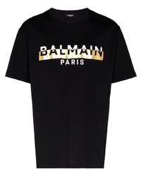 T-shirt à col rond imprimé noir et doré Balmain