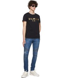 T-shirt à col rond imprimé noir et doré Balmain