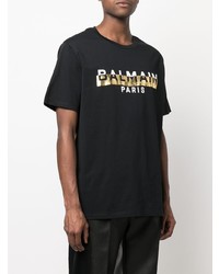 T-shirt à col rond imprimé noir et doré Balmain