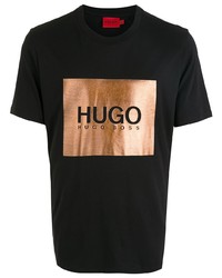 T-shirt à col rond imprimé noir et doré Hugo