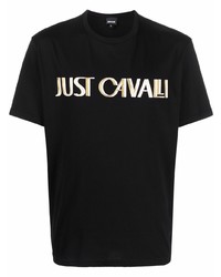 T-shirt à col rond imprimé noir et doré Just Cavalli