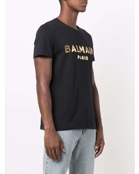 T-shirt à col rond imprimé noir et doré Balmain