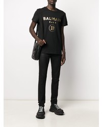 T-shirt à col rond imprimé noir et doré Balmain