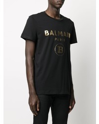 T-shirt à col rond imprimé noir et doré Balmain