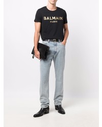 T-shirt à col rond imprimé noir et doré Balmain