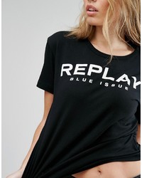 T-shirt à col rond imprimé noir Replay