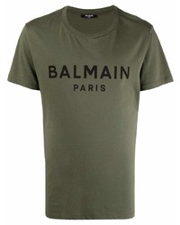 T-shirt à col rond imprimé olive Balmain