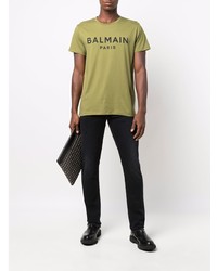 T-shirt à col rond imprimé olive Balmain