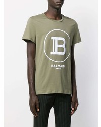 T-shirt à col rond imprimé olive Balmain